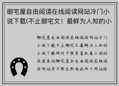 御宅屋自由阅读在线阅读网站冷门小说下载(不止御宅文！最鲜为人知的小说下载网！)